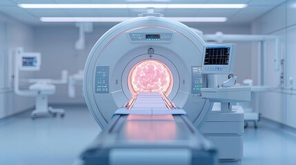 A modern MRI machine in a bright, sterile medical environment ready for imaging procedures.