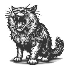 Obraz premium roaring cat with sharp teeth and detailed fur, showcasing its fierce expression sketch engraving generative ai raster illustration. Scratch board imitation. Black and white image.