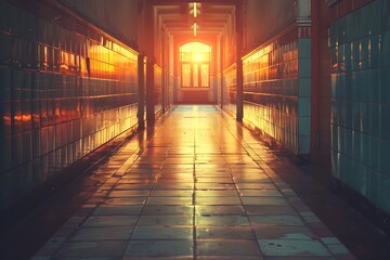 Fototapeta premium A hallway with a light at the end of it