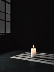 A lit candle casting shadows in a dimly lit room with a dark background.