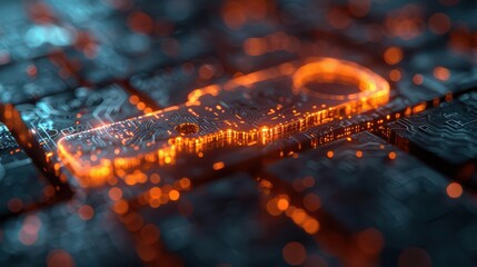 A glowing key symbol on a digital circuit background, representing cybersecurity and data protection.