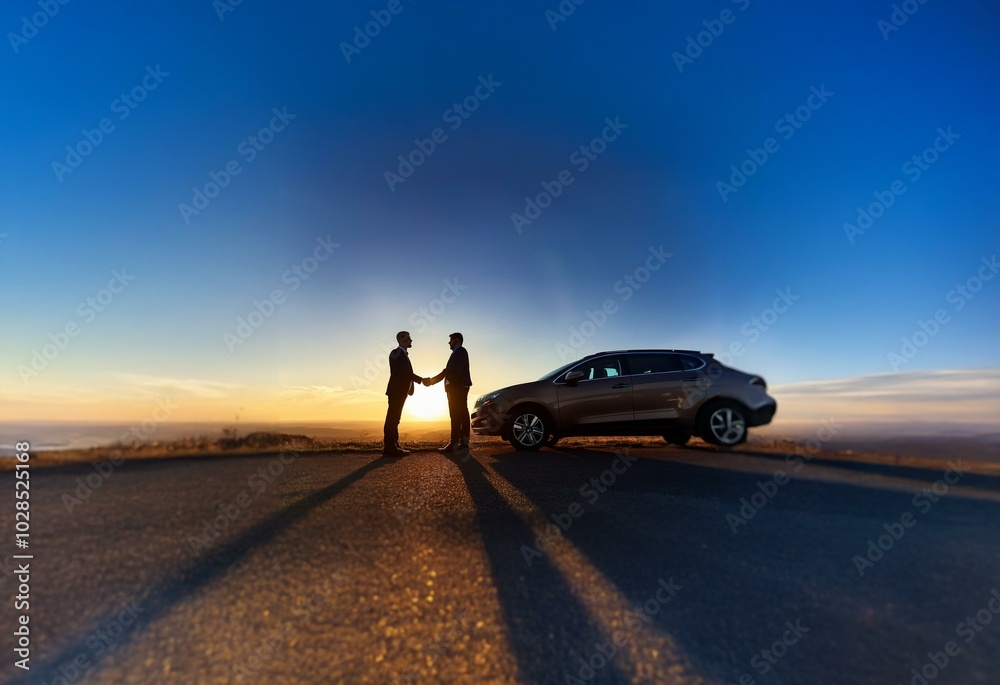 Poster two men in suits stand on a paved road, shaking hands in front of a car. the sunset is visible in th