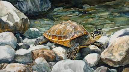 Watercolor painting of a turtle resting on rocks in a river