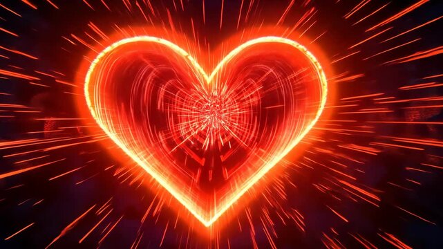 A glowing red heart shape with a light trail and radiating lines, against a dark background