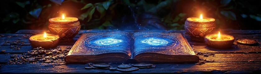 Ancient Magic Book on Dark Wooden Table