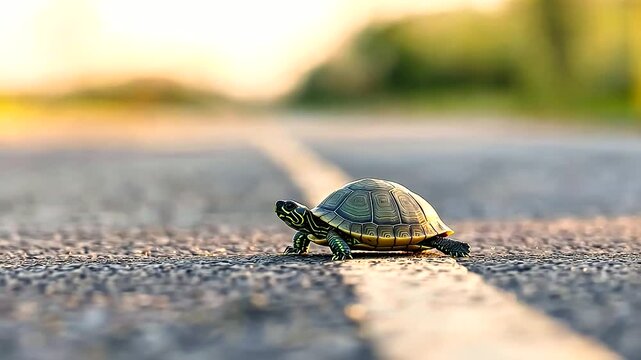 Road Caution. Turtle Crossing the Asphalt Road, Highlighting the Slow Movement of a Green Amphibian in a Countryside Traffic Environment