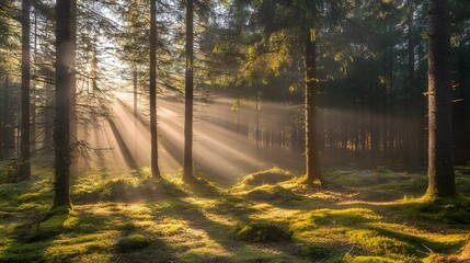 8. A quiet forest clearing, with sun rays breaking through the canopy, illuminating the ground