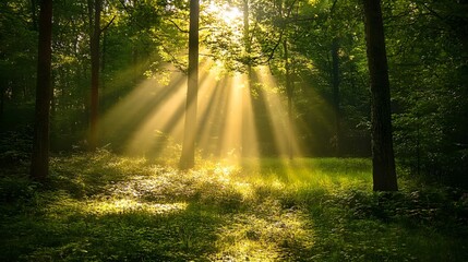 8. A quiet forest clearing, with sun rays breaking through the canopy, illuminating the ground