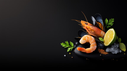 A black background with shrimp, scallop, and lime