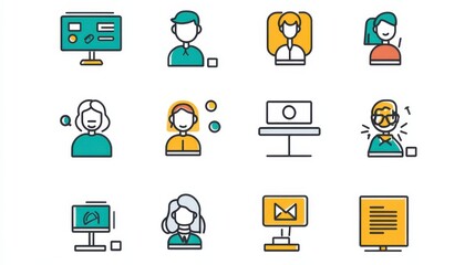 A grid of icons representing various professional roles and activities.