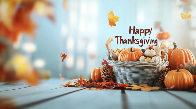 Pumpkins, autumn leaves, with the word "Happy Thanksgiving". Thanksgiving day background.