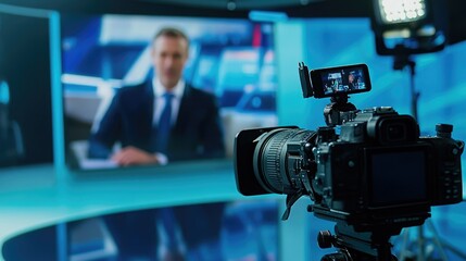 Professional TV Camera Standing in Live News Studio with Anchor seen in Small Display. Unfocused TV Broadcasting Channel