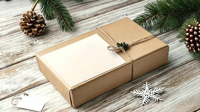 Seasonal Surprise. Flat Lay of a Clean White Corrugated Box Set on a Warm Wooden Surface with Christmas Decorations, Snowflakes, and Gift Tags - Powered by Adobe