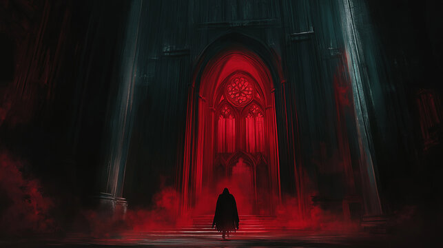 Illustration of a young woman with a dark and mysterious church with bats, Halloween
