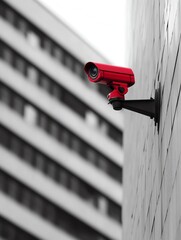 Red security camera mounted on a wall, with a blurred modern building in the background.