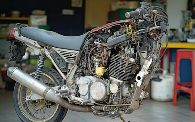 Obraz premium Dissected Power: A close-up view of a motorcycle engine, meticulously cut open, revealing its intricate inner workings and mechanical beauty. A testament to engineering prowess.