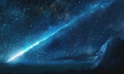 Brilliant comet streaking across a starry night sky, 4K hyperrealistic photo.