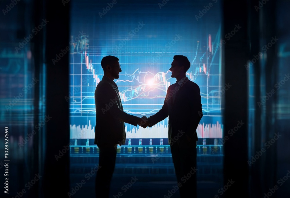 Poster two men in business suits shake hands in front of a large digital screen displaying financial charts