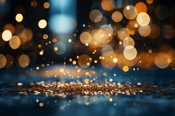 Golden Christmas particles and sprinkles background with bokeh lights. 
