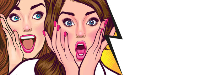 Woman whispering gossip or secret to her friend surprise In Retro Vintage Pop Art Comic