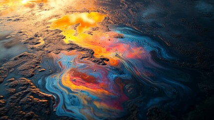 Abstract Oil Slick Pattern in Water with Sunset Reflection