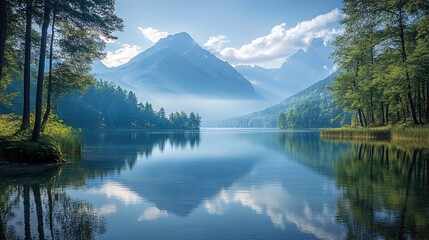 Tranquil Lakeside Landscape with Misty Mountains