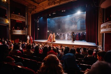 Actors in full costumes entertain an engaged audience, creating a captivating atmosphere in the historic theater during a live performance. Generative AI