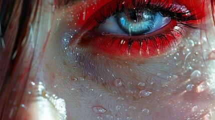 Fototapeta premium Close Up of a Woman's Eye with Water Drops and Makeup