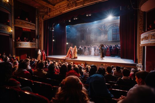 Actors in full costumes entertain an engaged audience, creating a captivating atmosphere in the historic theater during a live performance. Generative AI