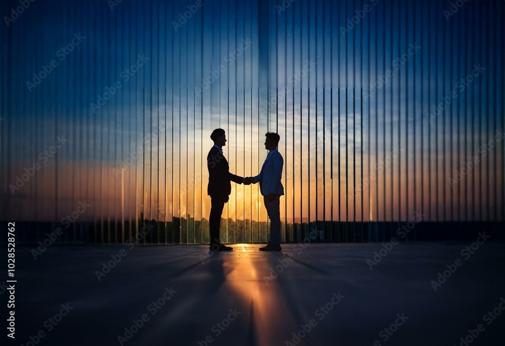 Poster two men stand in silhouette, shaking hands against a backdrop of vertical lines and a colorful sunse