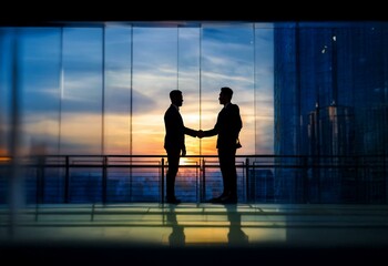 Fototapeta premium Two businessmen shake hands on a balcony overlooking a city skyline with a sunset in the background.