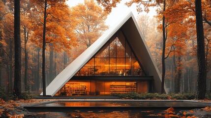 Fototapeta premium Modern Library in Autumn Forest Setting