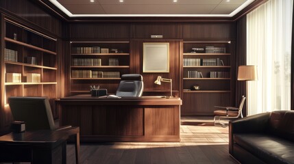 A Luxurious Wooden Home Office with a Large Desk and Bookshelves