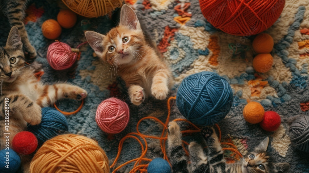 Poster three adorable kittens interact joyfully with vibrant yarn and playful balls, creating a lively and 