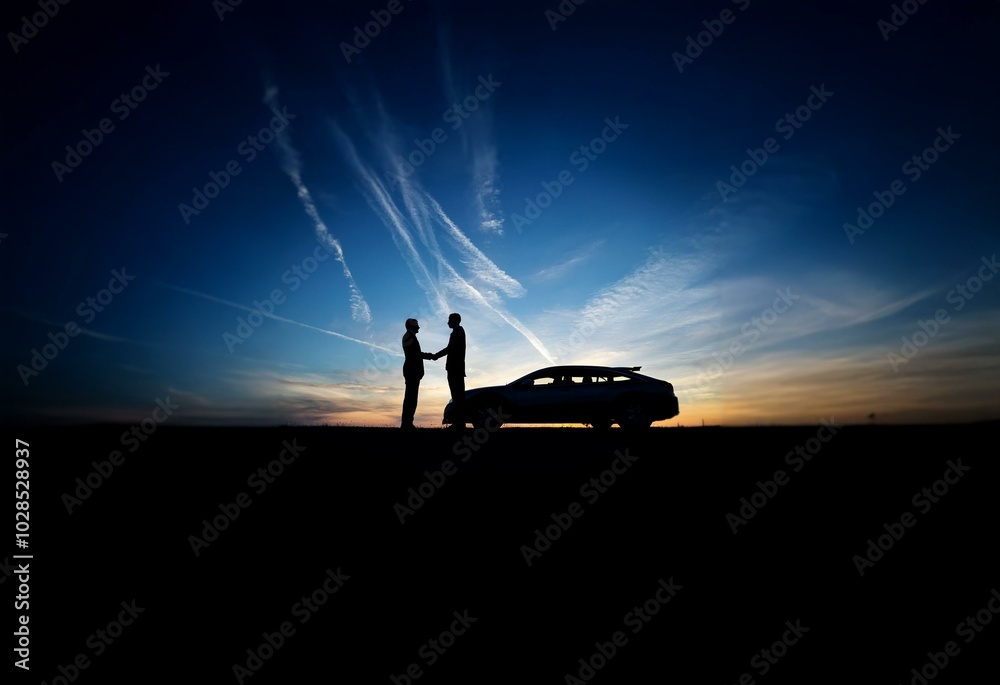 Poster two men shake hands in front of a car with a sunset sky in the background.