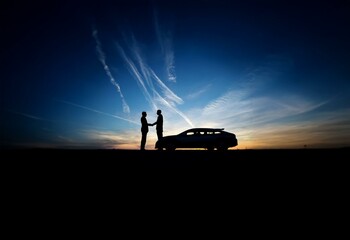 Two men shake hands in front of a car with a sunset sky in the background.