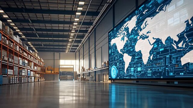 A large warehouse with shelves full of boxes and a screen displaying a map of the world in the background