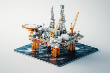 Oil rig model on white background, used for illustration of petroleum business, world oil price.