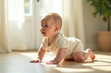A happy little child crawls on the floor in a bright room