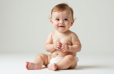 a happy child in diapers is sitting on the floor, a light background, free space for text
