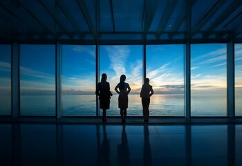 Fototapeta premium Three women stand in silhouette, looking out a large window at a sunset over the ocean.