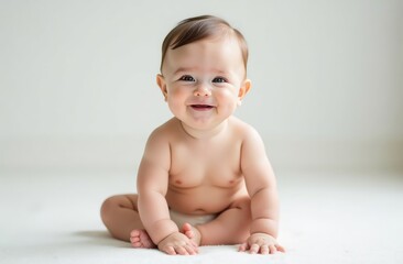 a happy child in diapers is sitting on the floor, a light background, free space for text