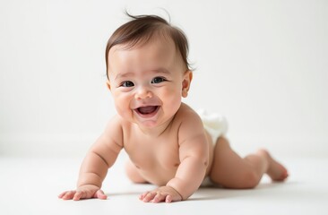 a happy child in diapers is sitting on the floor, a light background, free space for text