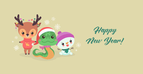 Cute new year 2025 banner with cartoon snake. Vector illustration. Playful design winter kawaii characters - snowman, deer, little green snake. Copy space, happy Chinese new year greeting card.