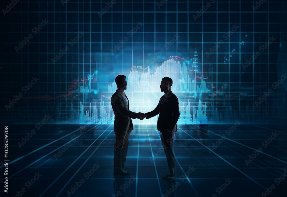 Poster two businessmen shaking hands in front of a glowing digital grid and chart.
