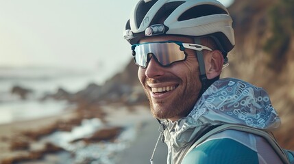 Fitness enthusiast cycling on a peaceful beach road, the seashore stretching out.