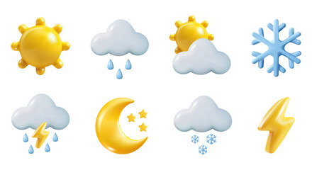 Realistic 3D Blue Cloud with rain and sun. Cute Cartoon vector Design Isolated on White Background. Weather Illustration concept render objects for Holiday poster, flyer brochure and template.