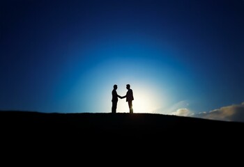 Two people stand in silhouette against a bright blue sky.