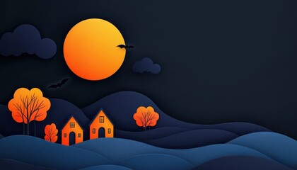 Abstract landscape with orange sun, dark mountains, and paper cut style houses.