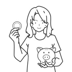 貯金箱に貯蓄をする女性のイラスト
